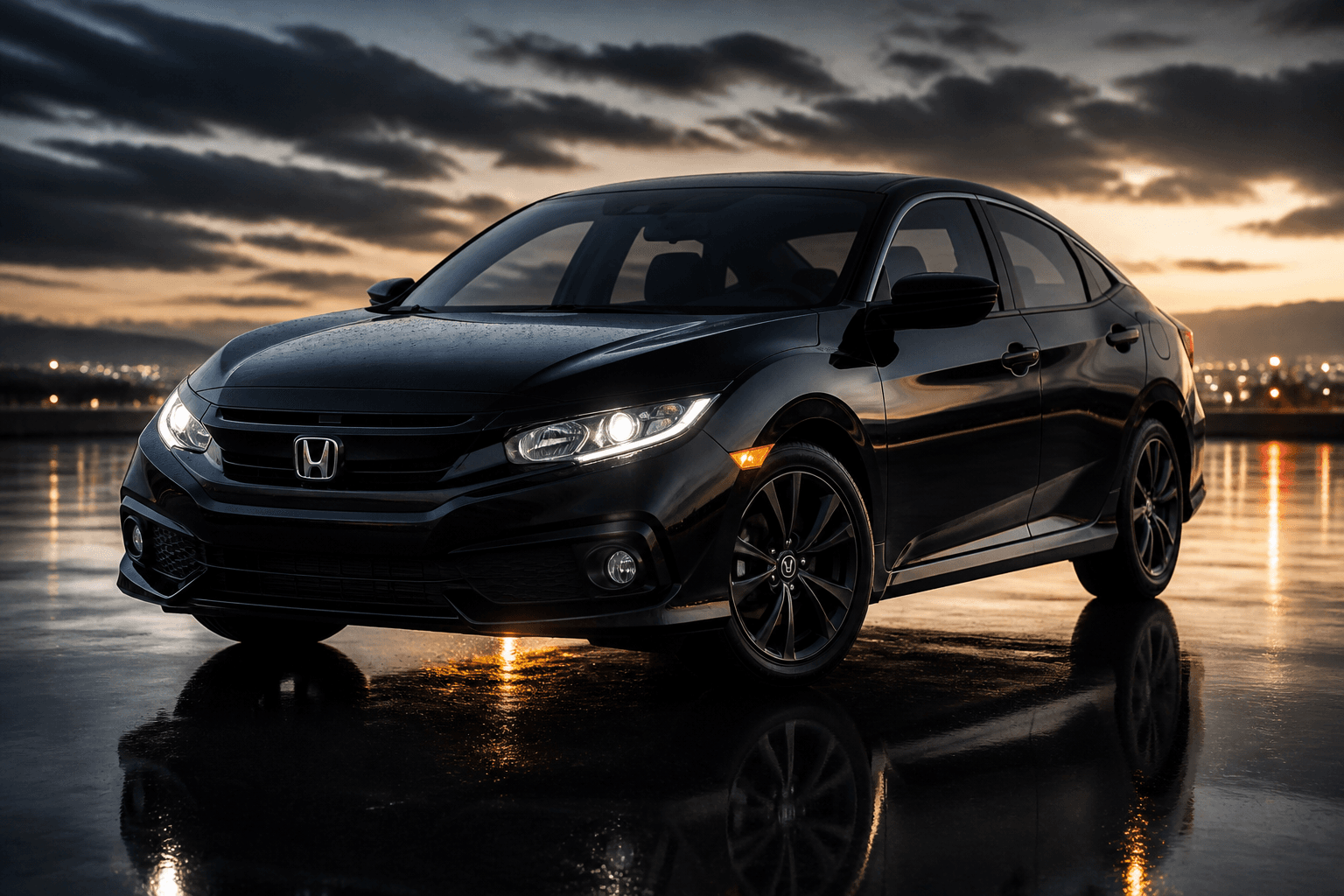 Jet-black Honda Civic, luxury three-quarter night shot