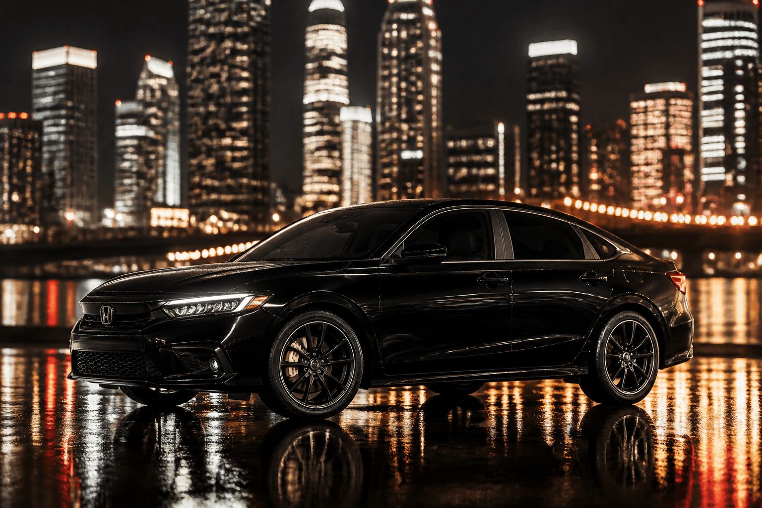 Black Honda Civic at night with city-light reflections