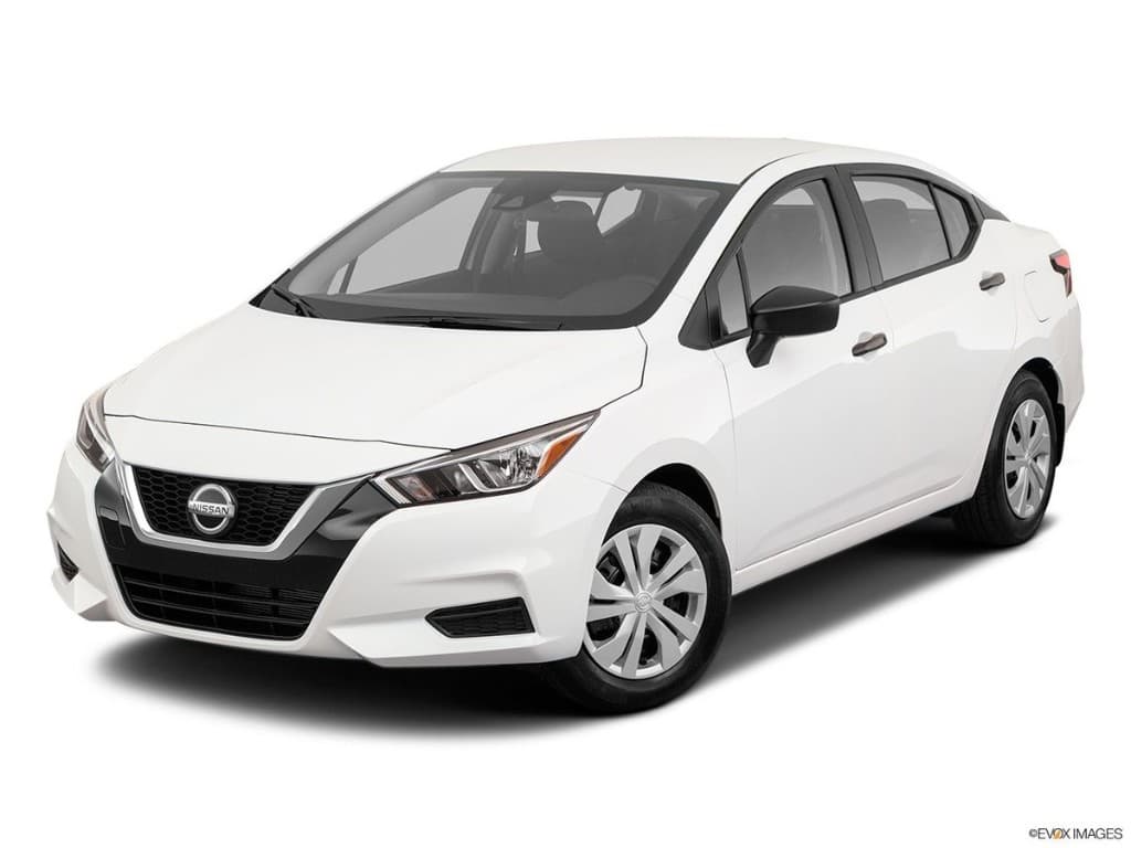 White Nissan Versa sedan on a studio background